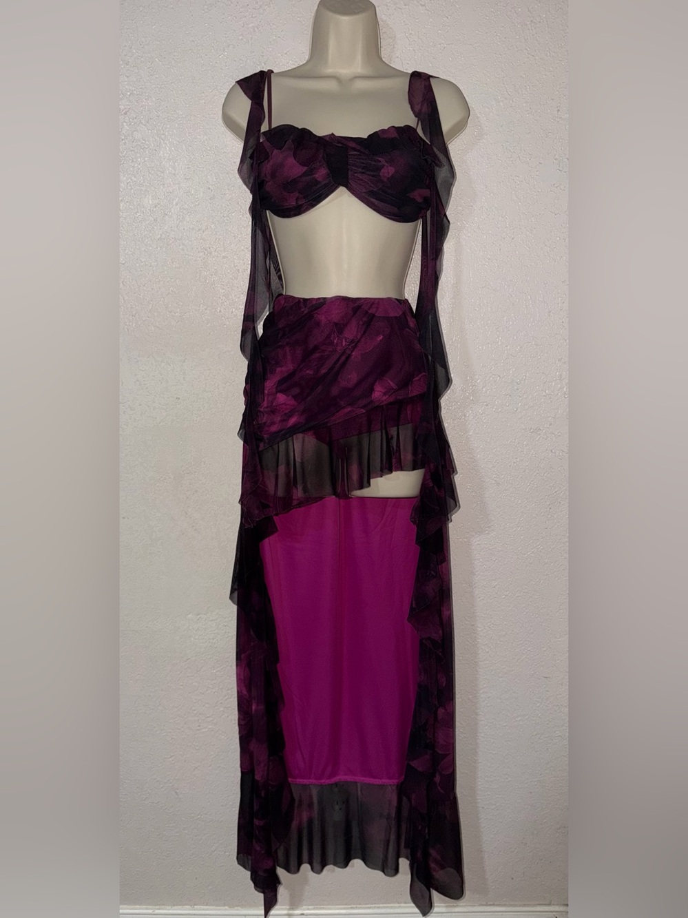 Fashion Nova Magenta & Black High-Low Layered Maxi Skirt